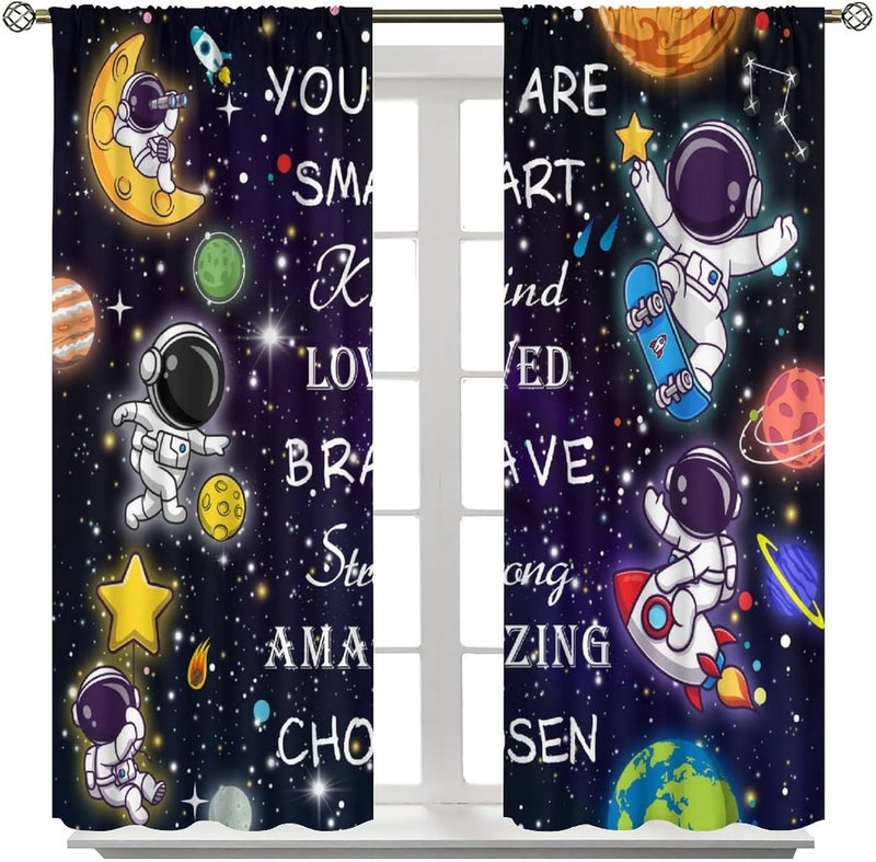 AAVEUP Space Astronaut Curtains for Kids,Cartoon Universe Galaxy Space Planet Astronaut Inspirational Quotes Learning Window Treatments for Boys Nursery Bedroom Living Room 42x45in（No Blackout） - Image 2